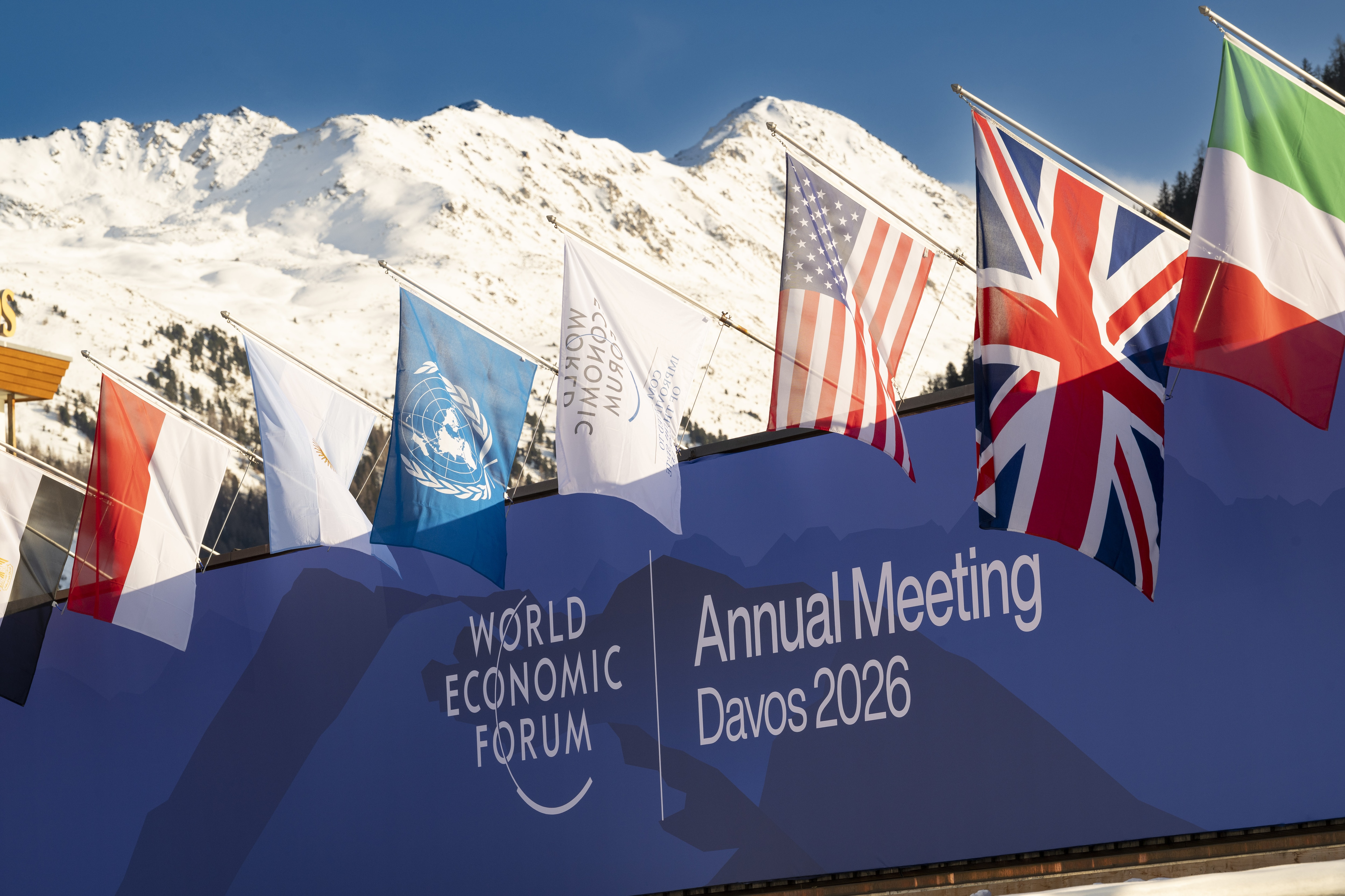 Day 2 of Davos 2026 features discussions on artificial intelligence (AI), the U.S. economy, and global cooperation. Key sessions include a conversation on the societal impact of AI with Yuval Noah Harari and Irene Tracey, and a discussion on the path to artificial general intelligence (AGI) led by Demis Hassabis and Dario Amodei. Special addresses from leaders like French President Emmanuel Macron, China's Vice-Premier He Lifeng, and European Commission President Ursula von der Leyen focus on economic challenges, globalization, and energy security strategies. China emphasizes cooperation and market expansion, while the EU addresses geopolitical challenges and trade relations.