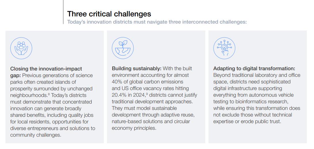 Innovation ecosystems are evolving to ensure equitable benefits for all city residents. A new toolkit from the World Economic Forum outlines best practices for innovation districts, emphasizing inclusive governance, human-centric placemaking, and scalable digital infrastructure. The Urban Transformation Summit 2025 highlighted collaboration among over 300 leaders and recognized cities like Harar and Kigali for pioneering public-private partnerships. Notable initiatives revealed include Santiago’s successful anti-pollution efforts, Egypt's smart cities strategy, and the UK’s plans for affordable new towns. Additionally, Los Angeles is expanding its Convention Center to enhance its status as a global convention hub.